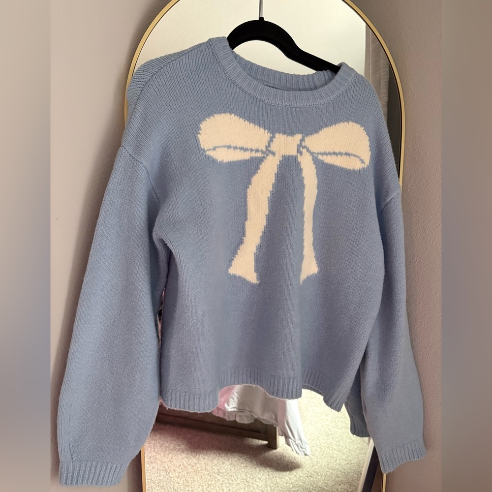 a new day Light Blue Crewneck Sweater with Cream Bow